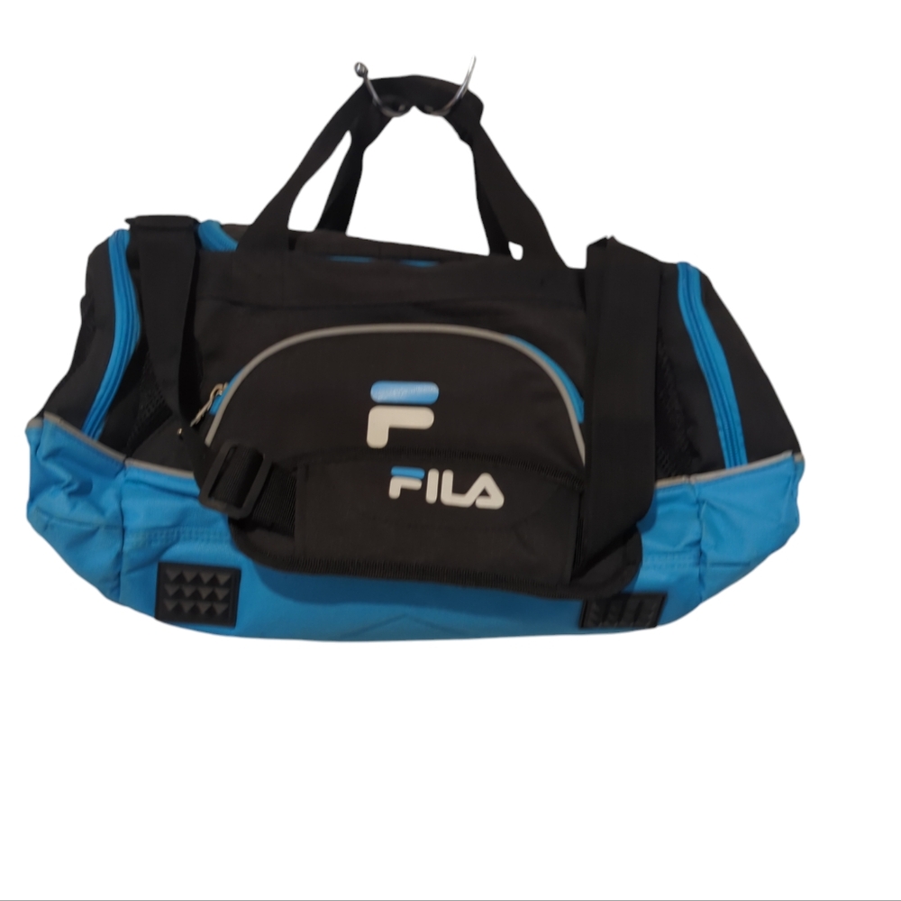 FILA Duffle Sports Gym Travel Bag Black Royal Blue Pockets Compartments Straps
